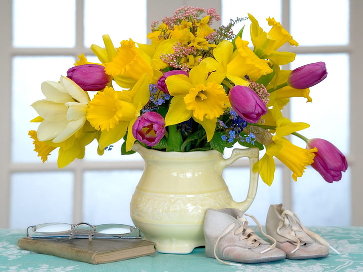assorted-color-and-type flower buds in vase beside paid of white shoes, brown book, and eyeglasses photo, flowers, still life, tulips, flower, vase, book, HD wallpaper
