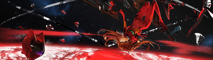 brown haired girl anime illustration, red suit evangelion illustration, Neon Genesis Evangelion, EVA Unit 02, Asuka Langley Soryu, multiple display, anime, anime girls, space, eyepatches, plugsuit, blue eyes, readhead, floating, horizon, science fiction, planet, Earth, helmet, stars, HD wallpaper
