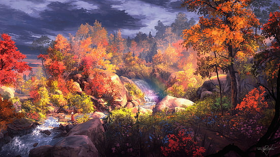 sztuka fantasy, grafika, fan art, drzewa, krajobraz, przyroda, kolorowe, woda, rzeka, rośliny, Tapety HD HD wallpaper