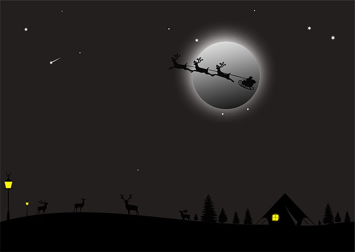 Holiday, Christmas, Moon, Night, Reindeer, Santa, Sleigh, HD wallpaper