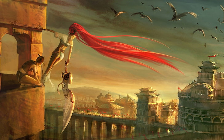 женщина с мечом цифровые обои, девушка, птицы, город, высота, меч, Небесный меч, арт, красный, Нарико, HD обои