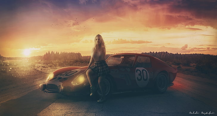 Ferrari, Girl, Sunset, Warm, HD, HD wallpaper