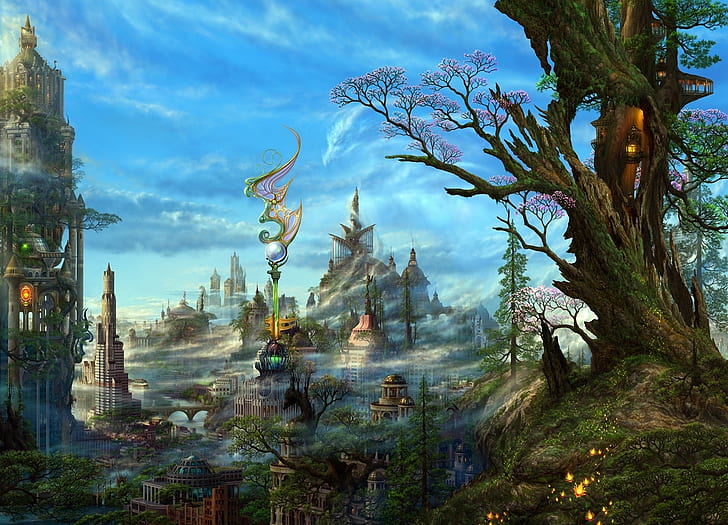 Airbrushing, anime, architecture, art, buildings, CG, cities, clouds, colors, detail, digital, Dragons, fantasy, fog, haze, Kazamasa, landscapes, Magi, mist, paintings, sky, Steampunk, Trees, Ucchiey, Uchio, HD wallpaper