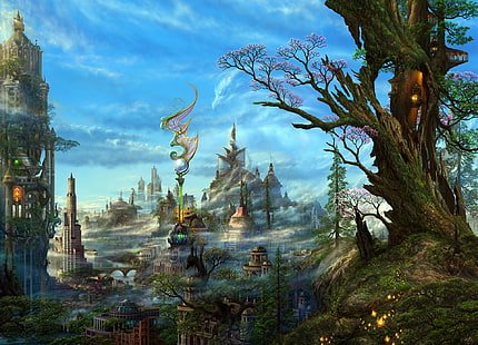 airbrushing, anime, architecture, art, buildings, cities, clouds, colors, detail, digital, dragons, fantasy, fiction, fog, haze, kazamasa, landscapes, magi, mist, paintings, sci, science, sky, steampunk, trees, ucchiey, uchio, HD wallpaper HD wallpaper