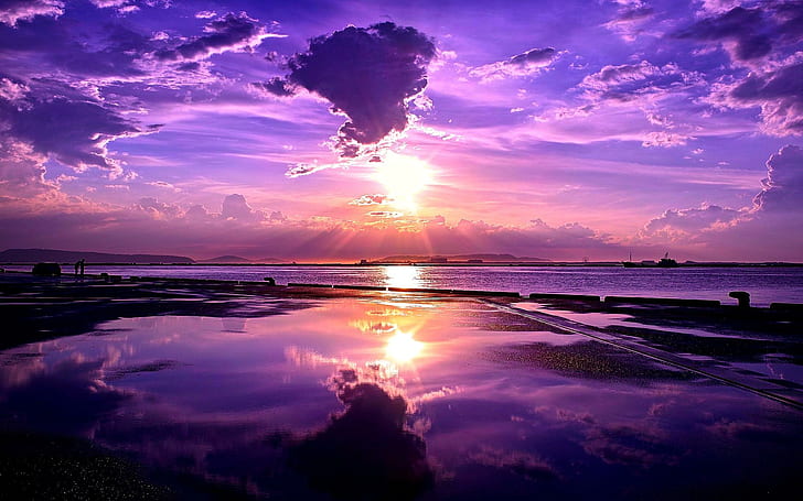 Bellissimo orizzonte, fotografia di paesaggio del cielo viola sull'oceano durante l'alba sfondo, riflesso, montagne, molo, bacino, tramonto, acqua, spiaggia, navi, persone, oceano, calma, orizzonte, Sfondo HD