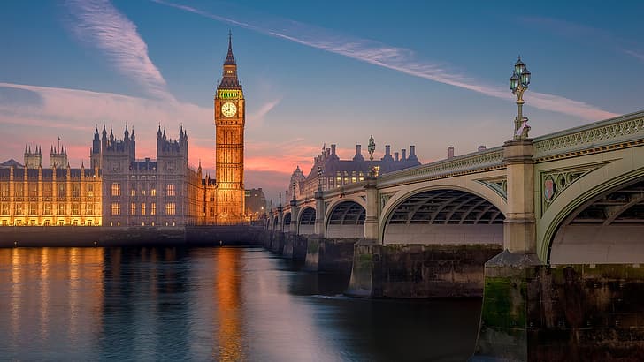 landscape, clouds, sky, sunset, river, bridge, city, Big Ben, River Thames, Westminster, London, England, UK, HD wallpaper