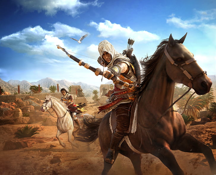 senjata, elang, gurun, kuda, busur, Mesir, pembunuh, Assasin, Assassin's Creed Origins, Wallpaper HD