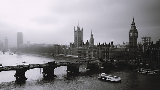 Биг Бен, монохромен, Лондон, черен, бял, HD тапет HD wallpaper
