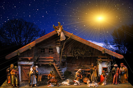 عطلة ، عيد الميلاد ، ملاك ، تمثال ، يسوع ، مريم (أم يسوع) ، الليل ، النجوم، خلفية HD HD wallpaper
