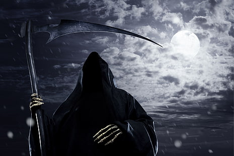 Grim Reaper sfondo digitale, scheletro, horror, martello, inquietante, luna piena, pauroso, Grim Reaper, terribile, falce, falce, Trucco, Mietitore, Sfondo HD HD wallpaper