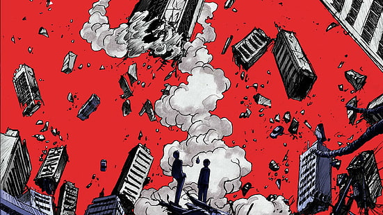  smoke, Mob Psycho 100, debris, Shigeo Kageyama, Arataka Reigen, HD wallpaper HD wallpaper