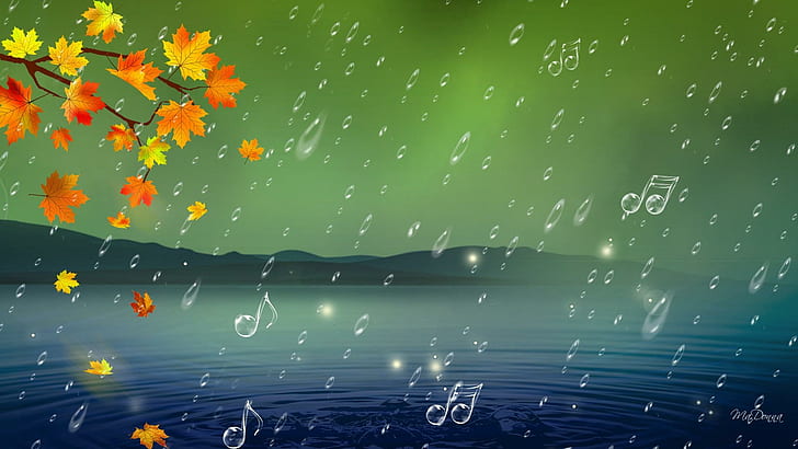Осенняя музыка, Firefox персона, холмы, озеро, падающие листья, осень, листья, ветка дерева, река, ноты, autu, HD обои