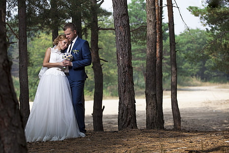 skog, foto, bukett, klänning, bruden, vacker, bröllop, brudgummen, HD tapet HD wallpaper