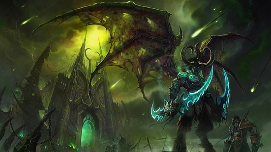 緑と黒の抽象絵画、Illidan Stormrage、Burning Crusade、World of Warcraft、ビデオゲーム、Black Temple、 HDデスクトップの壁紙 HD wallpaper