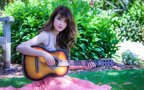Азиатско музикално момиче свири на китара, Азия, Музика, Момиче, Игра, Китара, HD тапет HD wallpaper