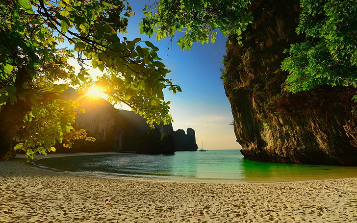 пляж, остров, пейзаж, известняк, природа, скалы, песок, море, закат, Таиланд, деревья, HD обои