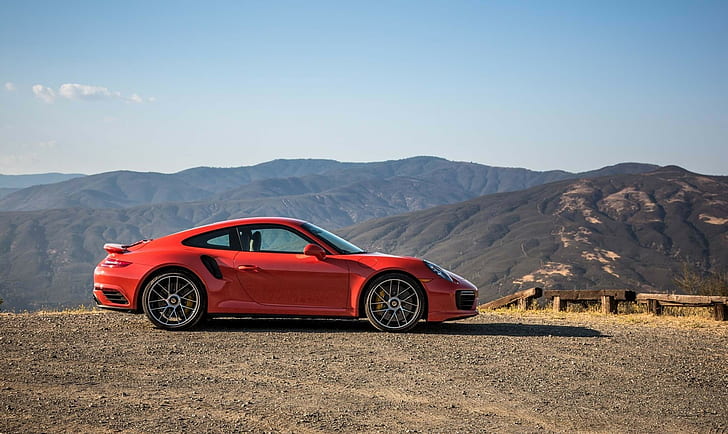 червени автомобили, Porsche 911 Turbo S 2017, планини, Porsche 911, HD тапет