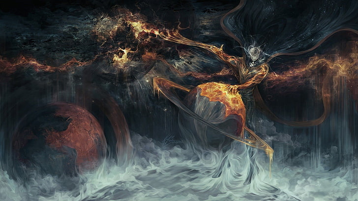 Mann mit Umhang brennenden Planeten Tapete, Raum, Planet, digitale Kunst, Nebel, DeviantArt, HD-Hintergrundbild