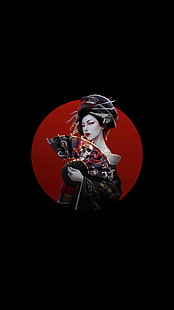  amoled, Japan, artwork, women, simple background, Asian, dark hair, skull, HD wallpaper HD wallpaper
