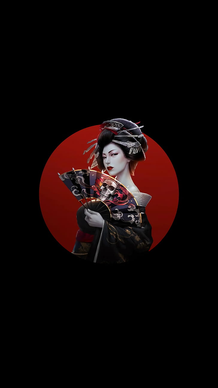 amoled, Japan, artwork, women, simple background, Asian, dark hair, skull, HD wallpaper