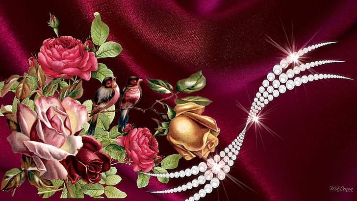 Vintage Roses Pearls, firefox persona, roses, stars, satin, flowers, sparkle, silk, birds, pearls, jewels, 3d and abstract, HD wallpaper