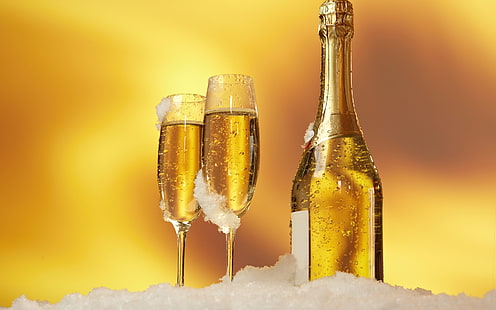 butelka, szampan, kieliszki, śnieg, wino, Tapety HD HD wallpaper