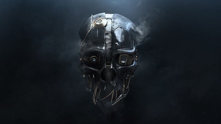 иллюстрация серого черепа, череп, цифровое искусство, простой фон, 3D, металл, провода, дым, технология, Dishonored, видеоигры, Corvo Attano, HD обои