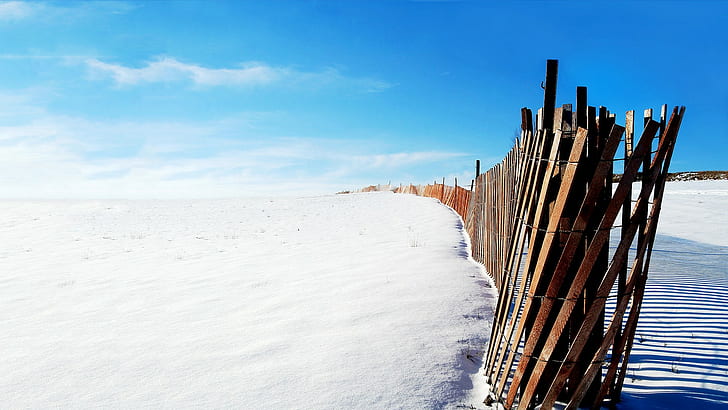 fence, planks, snow, winter, landscape, field, HD wallpaper