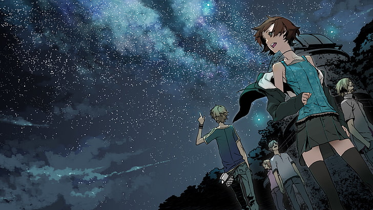 brown haired woman illustration, anime illustration of five people near rock formation, Supercell, anime, album covers, zettai ryouiki, anime boys, space, stars, anime girls, sky, HD wallpaper