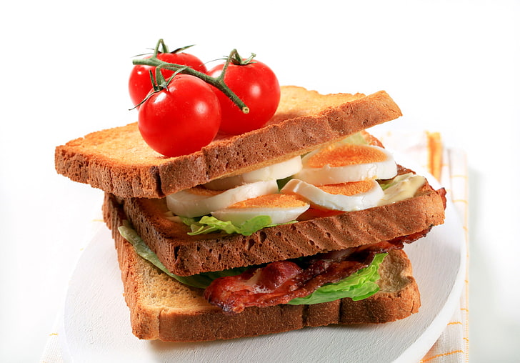 egg sandwich, sandwich, eggs, tomatoes, bread, meat, HD wallpaper