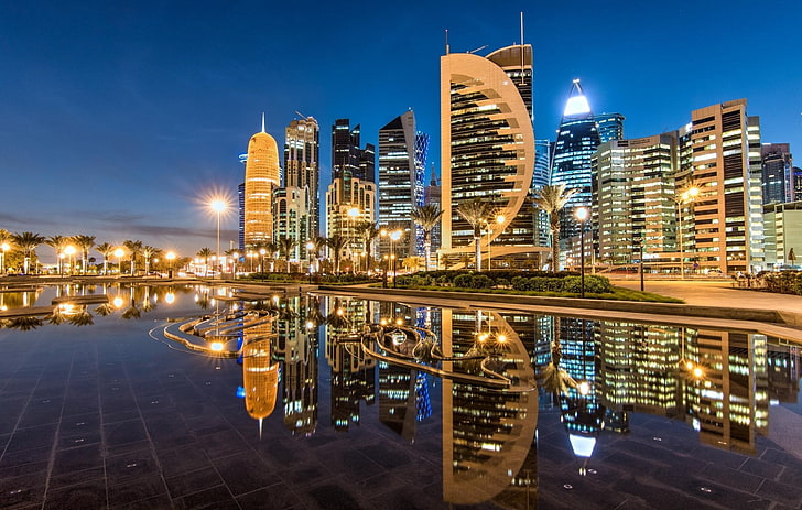 Cities, Doha, Building, City, Light, Night, Qatar, Reflection, Skyscraper, HD wallpaper