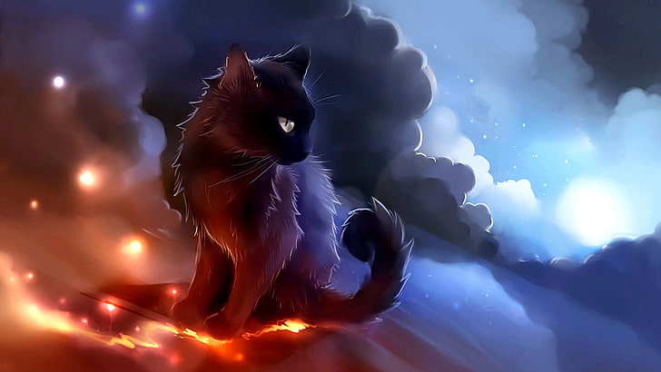 cat, illustration, cloud, black cat, night, sky, cartoon, darkness, HD wallpaper