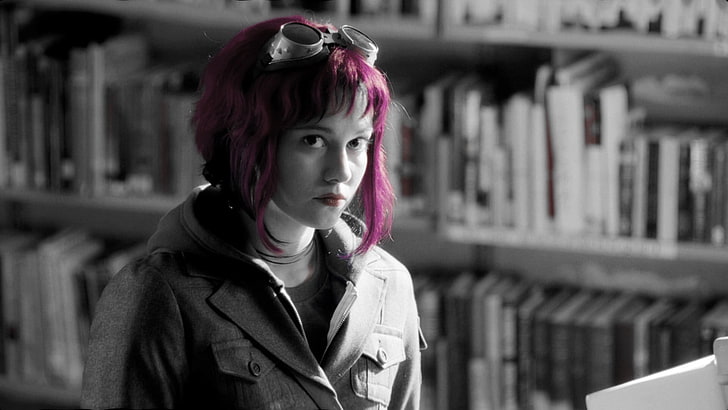 selective color photo of woman with pink hair, selective coloring, Photoshop, Ramona Flowers, Scott Pilgrim vs. the World, Mary Elizabeth Winstead, pink hair, actress, HD wallpaper
