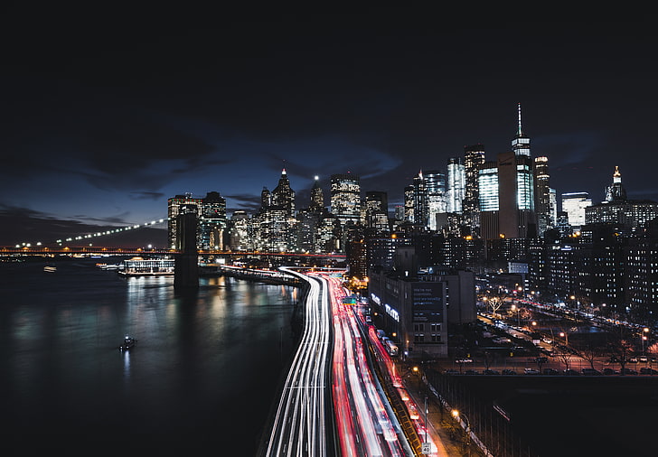 New York City, città, strada, paesaggio urbano, notte, lunga esposizione, traffico, cielo, buio, New York City, Ponte di Brooklyn, Manhattan, Sfondo HD