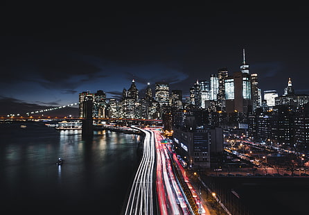 ニューヨーク市、都市、道路、都市景観、夜、長時間露光、交通、空、暗い、ニューヨーク市、ブルックリン橋、マンハッタン、 HDデスクトップの壁紙 HD wallpaper