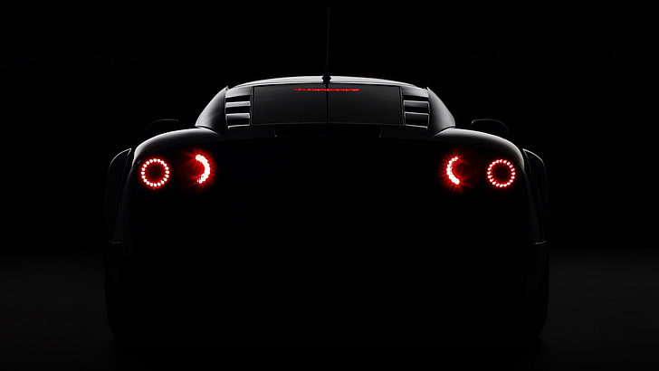 black sports car, Noble M600, car, Bugatti Veyron, lights, Super Car , black, dark, vehicle, Bugatti, HD wallpaper