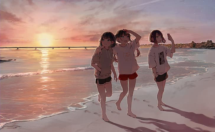 Chicas anime, personajes originales, puesta de sol, playa, paisaje, mar,  Fondo de pantalla HD | Wallpaperbetter