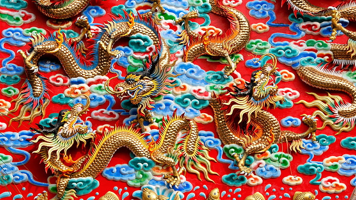 Dragón, templo de Kratuemsueapla, dragón de oro, dragones, dragón chino, talla, Bangkok, Tailandia, Asia, Fondo de pantalla HD