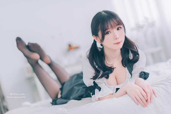 Shimo Cosplay, women, model, Asian, twintails, dress, stockings, black stockings, indoors, women indoors, HD wallpaper