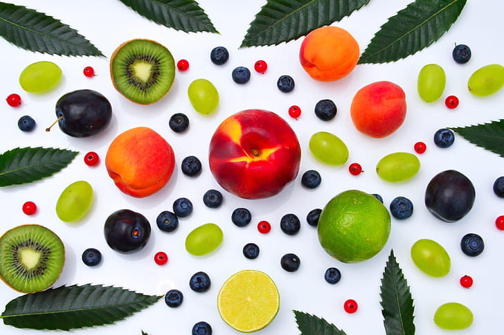 berries, lemon, grapes, white background, fruit, plum, peach, HD wallpaper