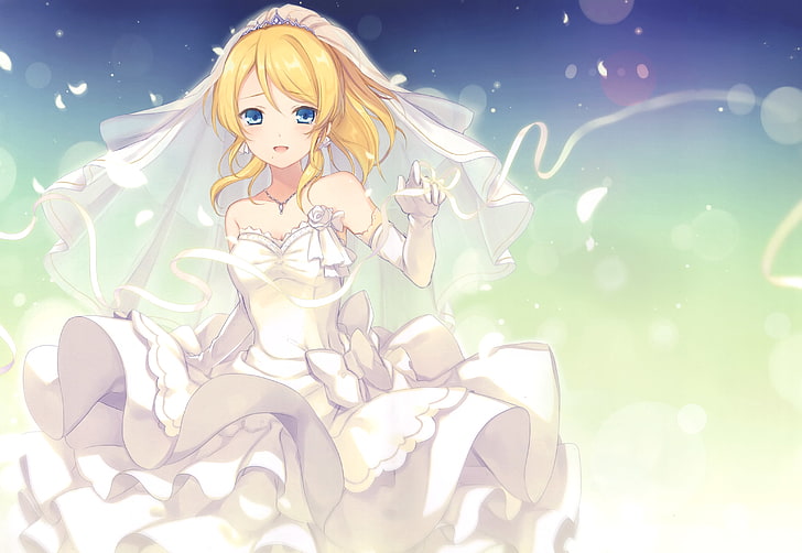 ayase eri, bride, wedding dress, sad smile, blue eyes, bond, leaves, love live, Anime, HD wallpaper