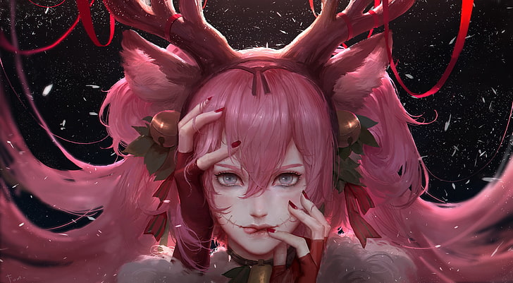 anime girl, christmas, pink hair, semi realistic, petals, deer horns, Anime, HD wallpaper