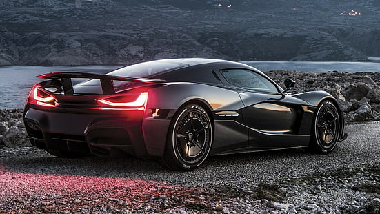 coupé deportivo negro, Rimac C Two, Salón del Automóvil de Ginebra 2018, 4k, Fondo de pantalla HD HD wallpaper