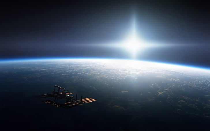 Earth, Horizon, International Space Station, ISS, photography, space, Space Station, sun, HD wallpaper