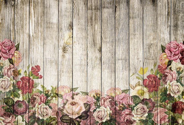 background, roses, wood, HD wallpaper