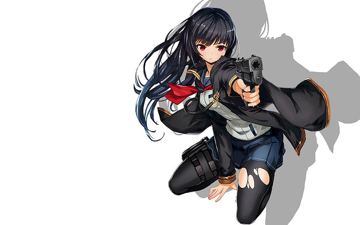 черноволосая женщина аниме персонаж иллюстрация, девушка, пистолет, оружие, HD обои