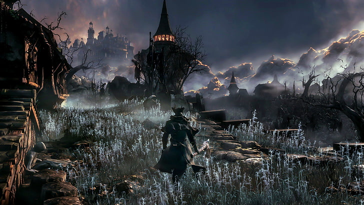 Zauberer mit Blick auf schwarze Burg digitale Tapete, Bloodborne, Videospiele, HD-Hintergrundbild