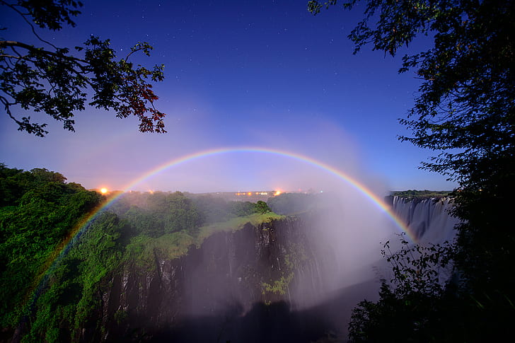 africa, fog, gorge, lights, mist, night, rainbow, rainbows, river, rivers, sky, south, stars, trees, waterfalls, zambezi, HD wallpaper