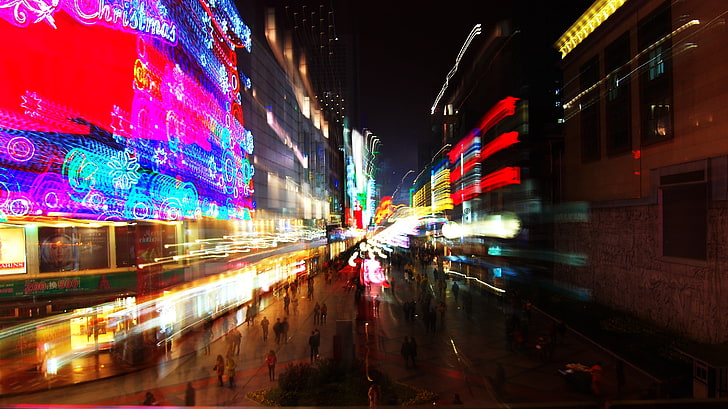 Zeitrafferfotografie von Menschen zu Fuß auf der Straße, Chengdu, Lichtspuren, Nacht, verschwommen, Neon, HD-Hintergrundbild
