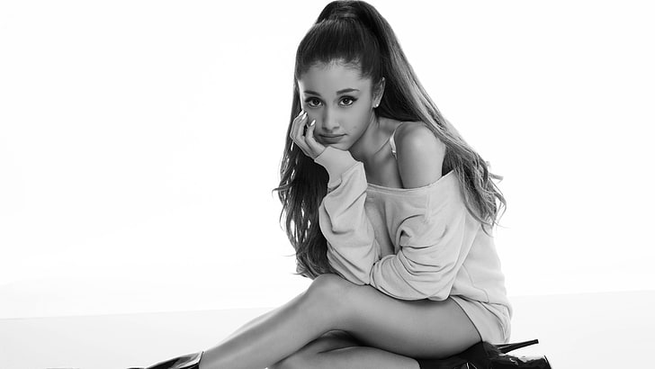 8k, Ariana Grande, monochrome, women, HD wallpaper